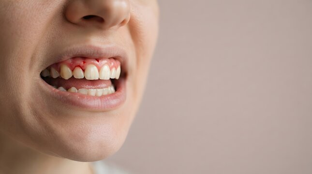 Close Up of Person Mouth Showing Bleeding Gums and Teeth with Gingivitis