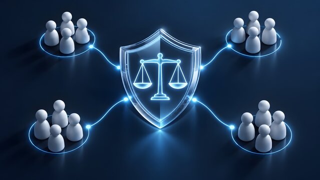 Digital network connecting multiple consumer groups to central glowing legal scale shield representing universal customer rights fair trade law and class action justice
