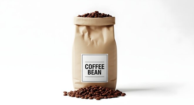 Coffee bean bag on a white background with scattered beans