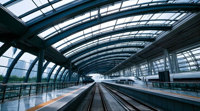 Modern high speed train station with curved glass roof  parallel platforms  and sleek trains under bright daylight