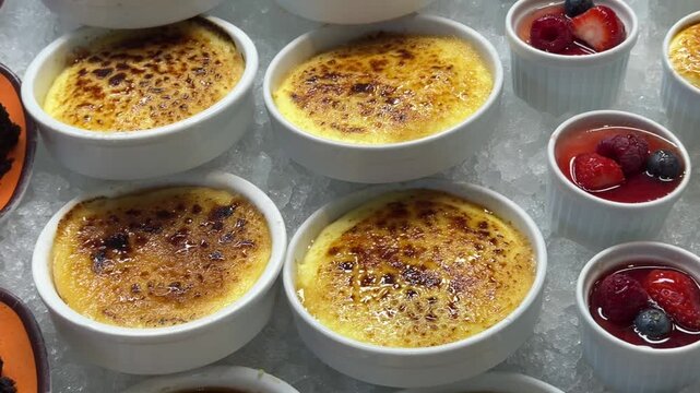 Assorted Sweet Desserts And Creme Brulee Displayed Over Crushed Ice