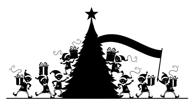 Happy Christmas elves carrying presents and a flag around a holiday tree