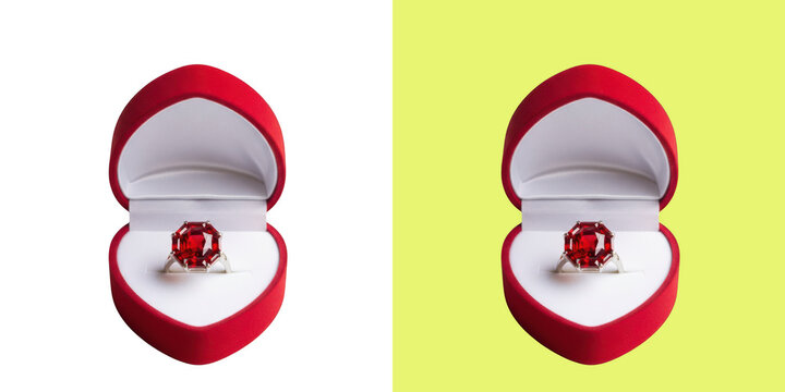 Luxury red gemstone ring in heart shaped box