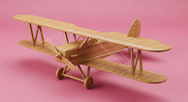 A beautifully crafted wooden biplane model rests on a pink surface