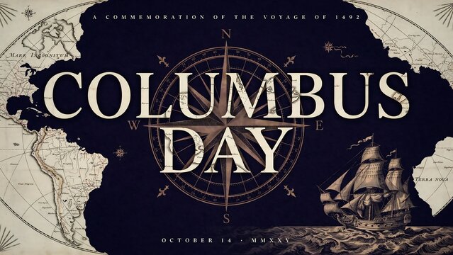 Columbus day commemorative design with dark map and compass