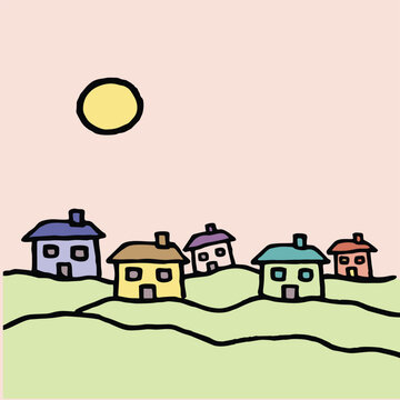 native flat art style  illustration of a cozy village