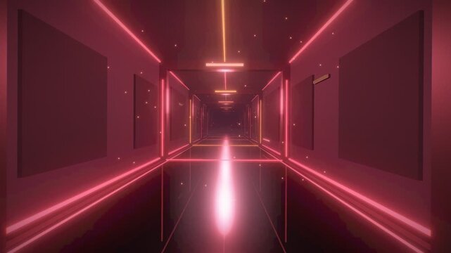Futuristic neon glowing lights red corridor tunnel seamless loop