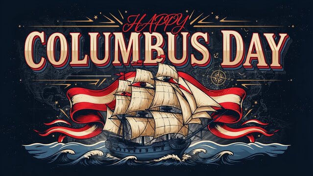 Happy columbus day vintage poster with sailing ship on dark background