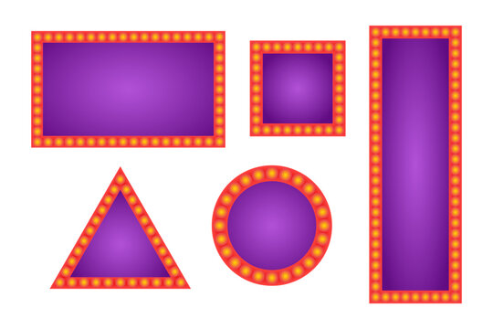 Vector set of marquee theater frames with red and purple colors isolated on white background.