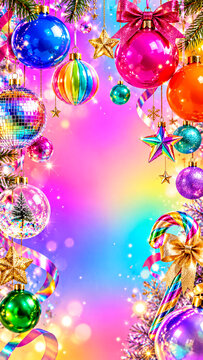Colorful Christmas Ornaments and Candy Cane Frame on Rainbow Gradient Background with Copy Space for Festive Design