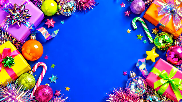 Colorful Christmas Flat Lay with Bright Gift Boxes, Ornaments, Candy Canes and Disco Balls on Blue Background with Copy Space