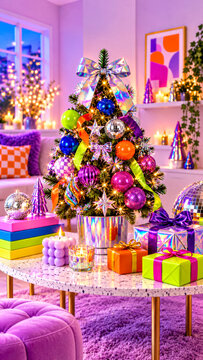 Colorful Maximalist Christmas Tree with Rainbow Ornaments, Disco Balls and Bright Gifts in Trendy Pink Holiday Interior