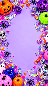 Colorful Maximalist Halloween Flat Lay Frame with Neon Pumpkins, Bats, Spiders and Disco Balls on Purple Background