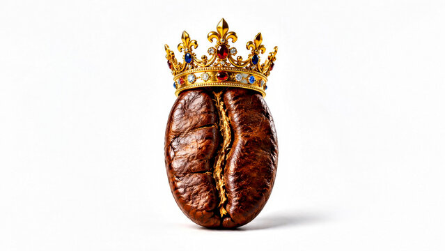 Roasted Coffee Bean Wearing Golden Crown on White Background as Premium Quality, Best Choice and Luxury Concept