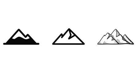 Three black vector icons of mountains, suitable for outdoor adventure and travel themes © MdOmar