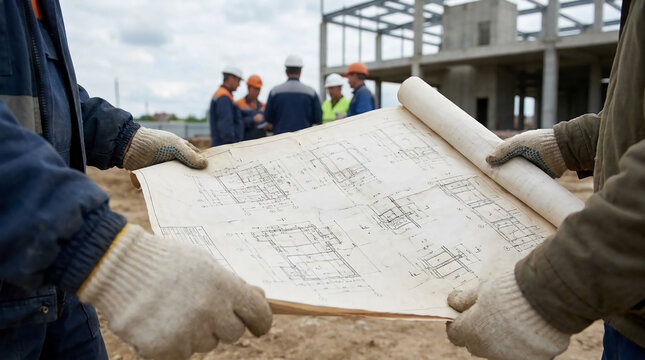 Construction workers review blueprints at an active building site, coordinating plans for the ongoing structural project.