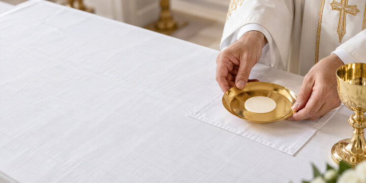 Priest hands holding paten with communion host at altar with golden chalice. Catholic Mass Eucharist sacrament. Altar server preparing Holy Communion in church. Catholic faith, liturgy