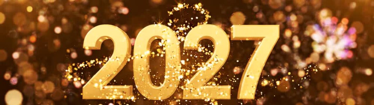 Gold numbers 2027 appearing with glittering particles and bokeh on a dark festive background Upcoming new year celebration.