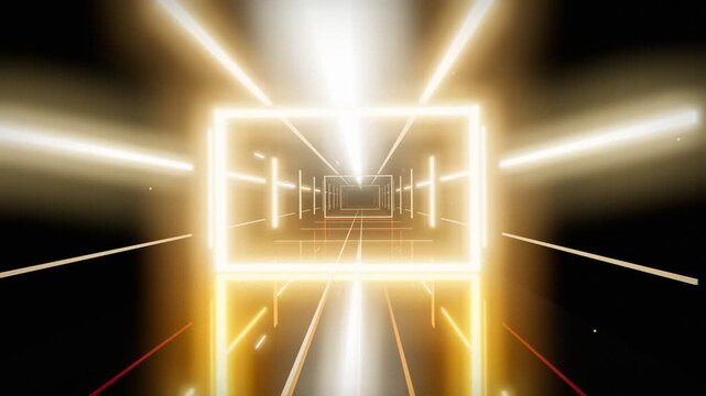 Bright golden yellow glowing corridor tunnel flight motion background