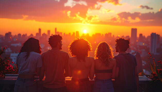 Diverse friends viewed from behind laughing together on rooftop terrace at hazy sunset generative AI