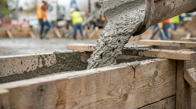 Fresh concrete is being poured into a wooden mold at a construction site with workers in safety vests in the background.