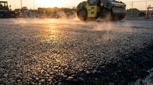 A close-up view of a freshly laid asphalt surface, with steam rising as a roller compacts it under a golden sunset.