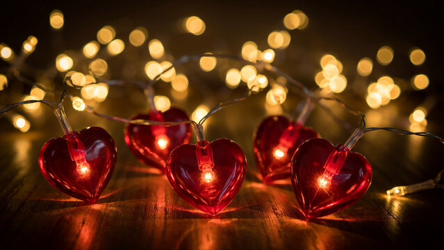 Close-up of red heart-shaped string lights on wooden surface with blurred background