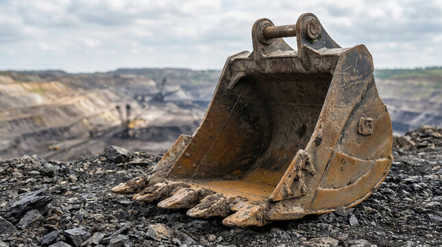 A large excavator bucket rests on a mound of coal at an open-pit mining site, with terraced earth and mining equipment visible in the background.