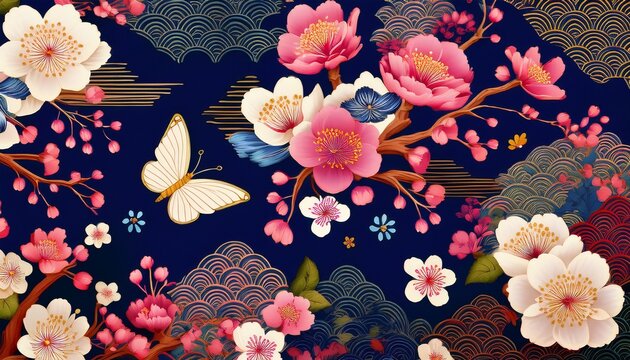 japanese floral and butterfly pattern colorful sakura plum blossoms and traditional geometric textile motifs on dark blue background for fabric wallpaper and packaging
