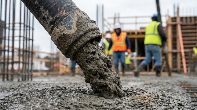 A construction site scene shows concrete being poured from a pipe, with workers in safety vests in the background, emphasizing industrial activity and teamwork.