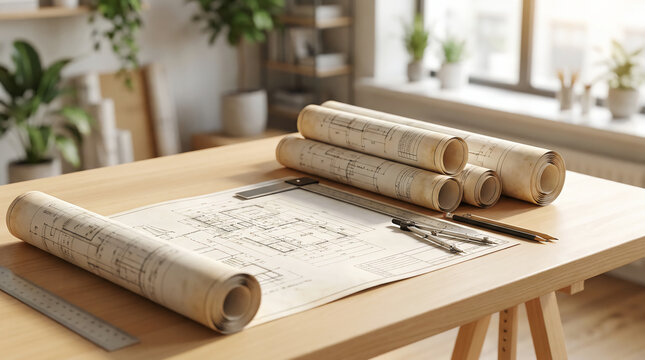 Architectural blueprints rolled and laid out on a wooden desk with measuring tools in a bright, plant-filled workspace.