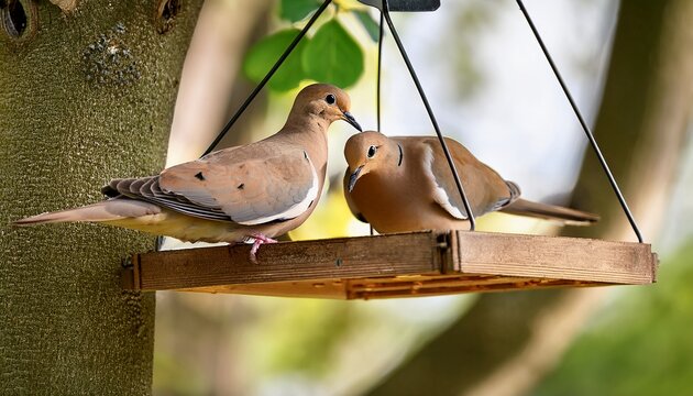 mourning doves zenaida macroura eating at a bird feeder in a tree