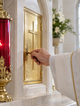 Priest unlocking a gold tabernacle door marked with a cross. Catholic Eucharist and sacramental worship. Church liturgy and communion preparation. Catholic faith and devotion