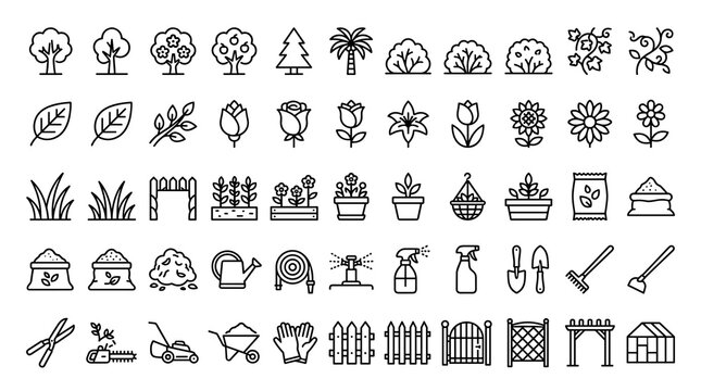 Garden Landscaping Linear Icon Set with Editable Stroke Plants, Flowers, Trees, Grass, Garden Tools, Fences, Pots and Outdoor Decor