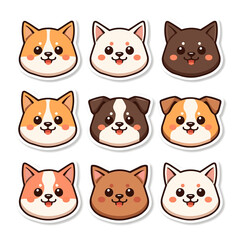 Fototapeta premium Set of nine kawaii cartoon cat and dog faces with rosy cheeks in glossy vinyl sticker style for branding and social media