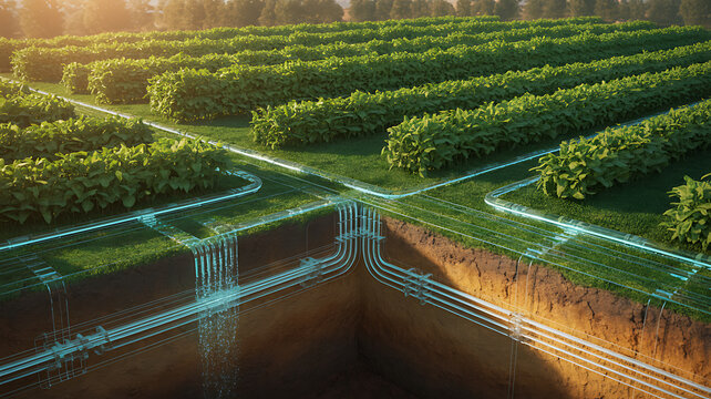 A cross-section view of a fertile agricultural field showing soil layers, underground water pipes, and glowing blue light lines representing smart irrigation and precision farming technology systems