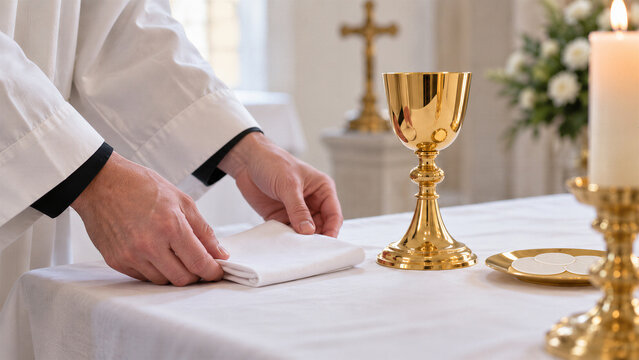 Priest in white alb folding altar linen beside golden chalice and communion hosts on church altar. Catholic Mass liturgy preparation. Eucharist and Holy Communion sacrament.