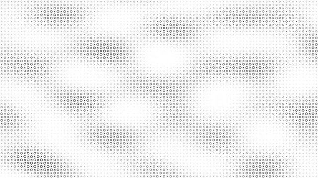 Black and White Cross Circle Halftone Wave Motion Background with Geometric X and O Grid, Abstract Ripple Pattern and Modern Monochrome Animation