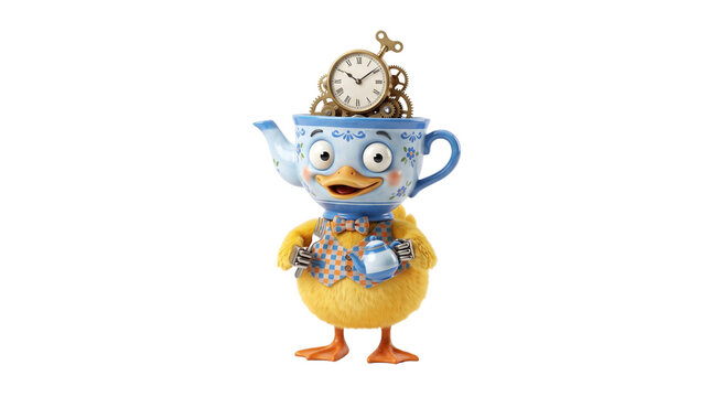 Whimsical steampunk duck character wearing blue teapot hat, fantasy yellow chick with vintage clockwork gears, surreal storybook animal illustration isolated PNG with Transparent Background