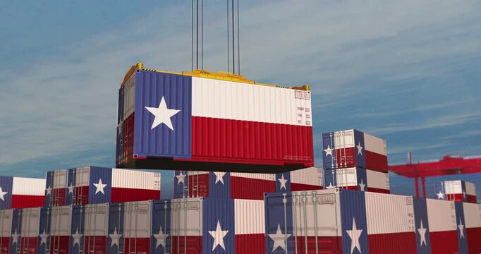 Texas USA export production and import containers cargo crane. Business concept of transport, loading and shipping with a Texas flag.