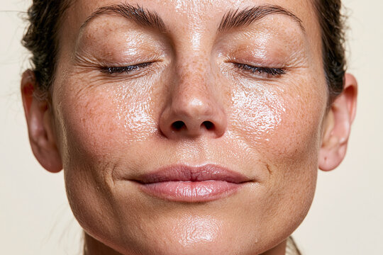 Young woman with closed eyes and dewy freckled skin, close up macro portrait showing natural texture, pores, and subtle smile conveying calm and confidence