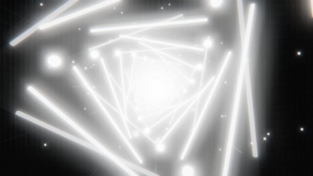 Abstract White Triangle Neon Tunnel Loop with Glowing Particles and