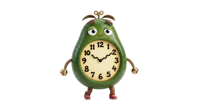 Whimsical avocado alarm clock character, cute green fruit personified as a vintage timepiece, playful kitchen decor and healthy lifestyle concept isolated PNG with Transparent Background