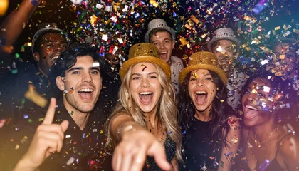 A multi-ethnic group of friends experiences pure joy and excitement at a celebration, gasping and smiling as confetti flies through the air on a dark night. © ginettigino