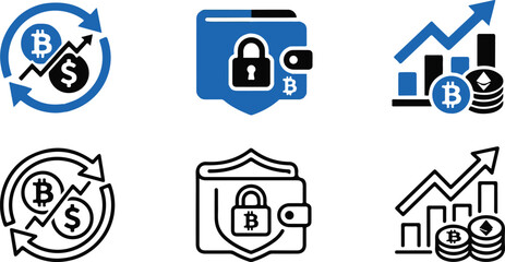 Fototapeta premium Cryptocurrency trading and investment icons set with security and growth elements