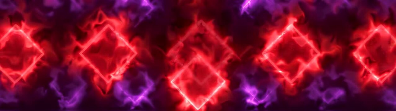 Geometric shapes glowing with vibrant light forming a repeating pattern on a surface with mystical fog.
