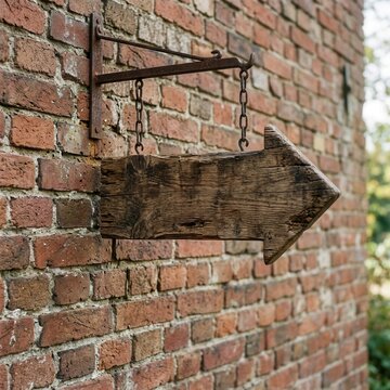 Rustic Wooden Arrow Sign Mounted on Old Brick Wall Pointing Right