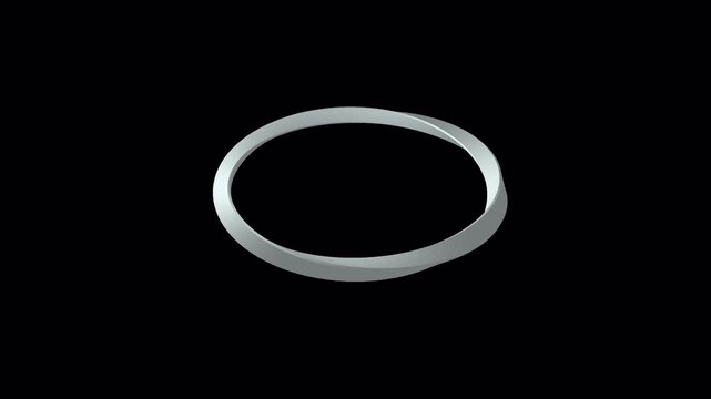 Seamless loop mobius strip silver infinity ring rotating and floating in a seamless loop animation. Abstract geometric shape in endless motion on a dark black isolated background