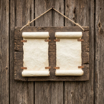 Rustic Wooden Board with Two Blank Parchment Scrolls Hanging on a Rough Wood Wall