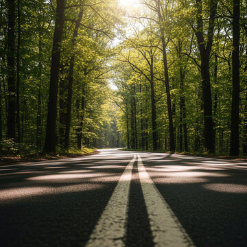 Sunlit Forest Road with Double White Lines Lush Green Trees and Dappled Sunlight